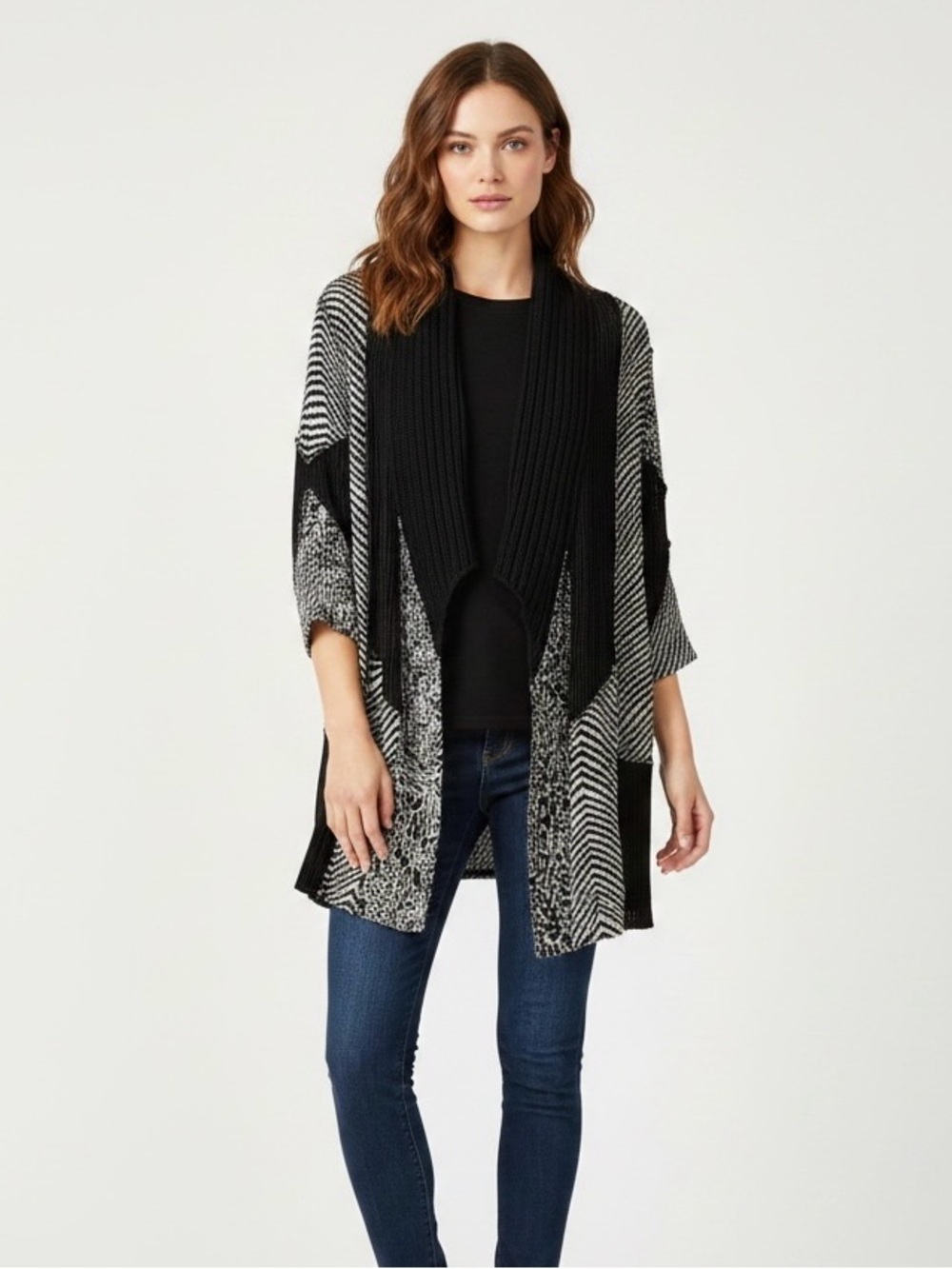 Chico's Travelers Collection Mesh Patchwork Open Front Jacket Black & Gray Sz XL